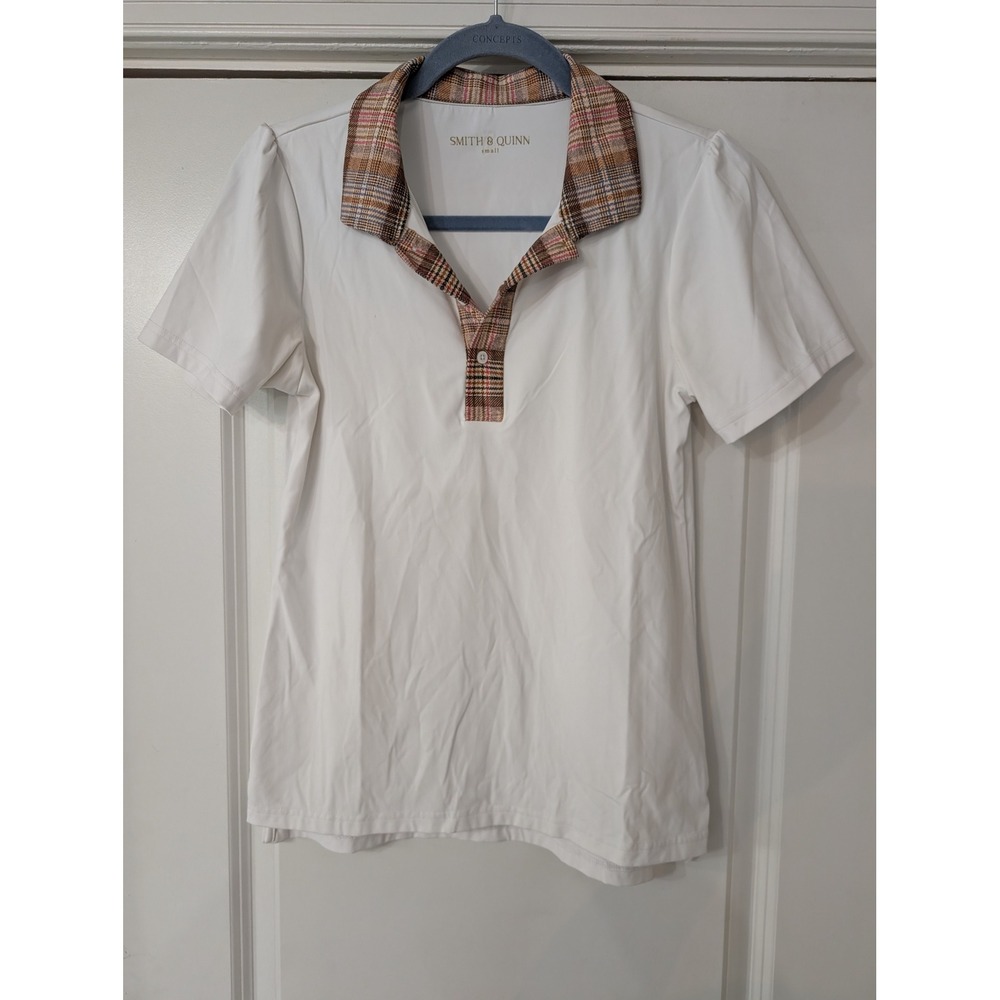 Smith & Quinn Womens White Plaid Trim Puff Sleeve Golf Polo Shirt Small tennis